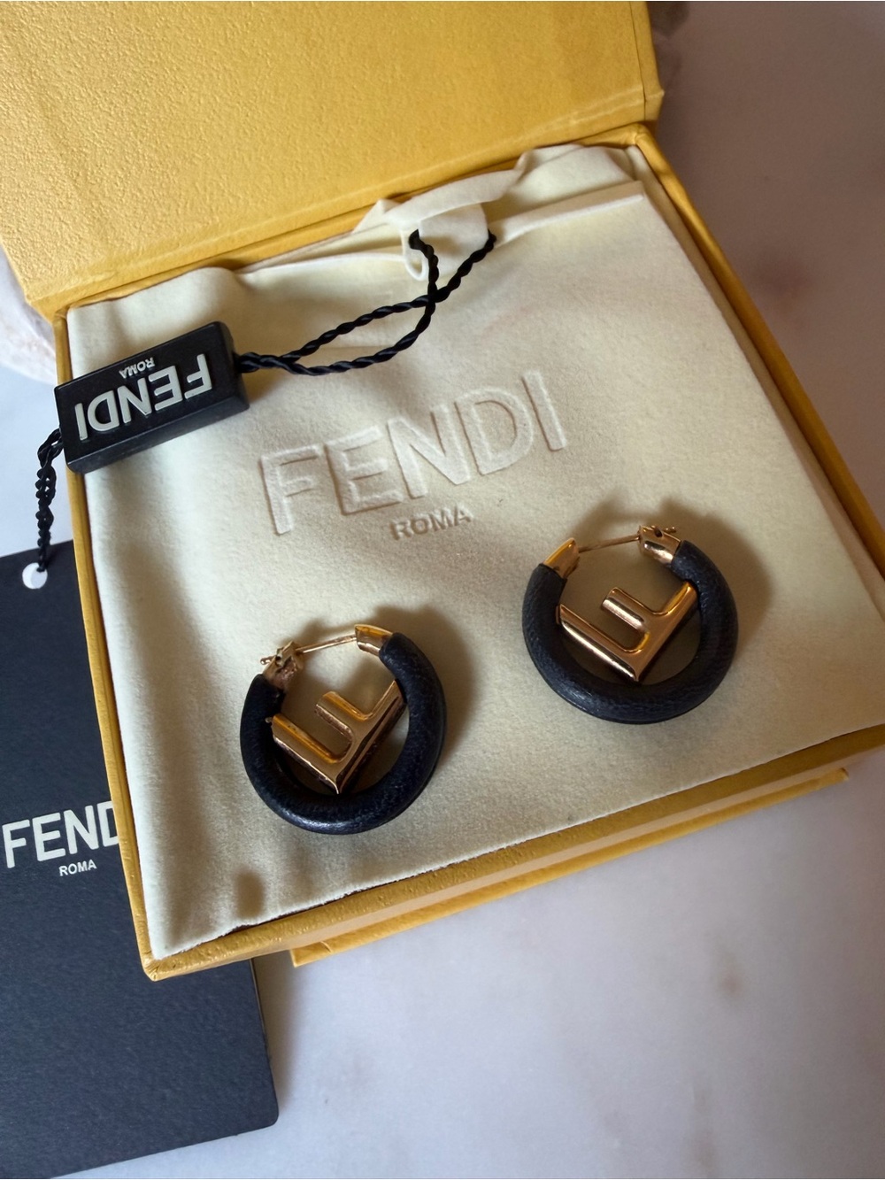 Fendi Black and Gold Leather-Wrapped Logo Hoop Earrings